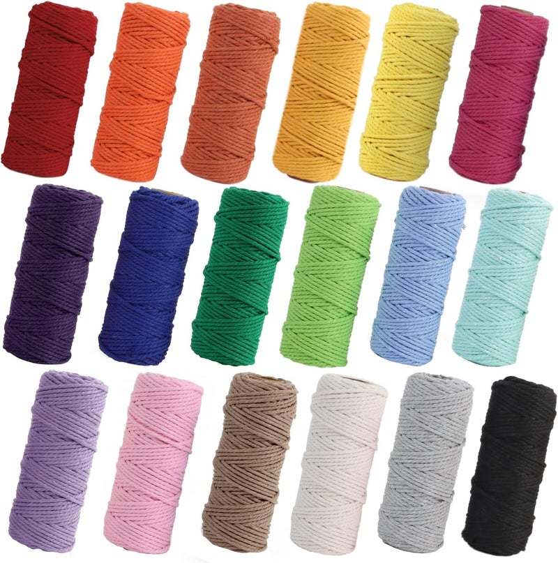 PHUNTTEK Macrame Cord 2mm x 590 Yards 18 Rolls Natural Cotton Cord 3 Stands Jute Twine String Soft Rope Assorted Colored Yarns for DIY Knitting Knotting Craft Macrame Project Supplies - Image 1